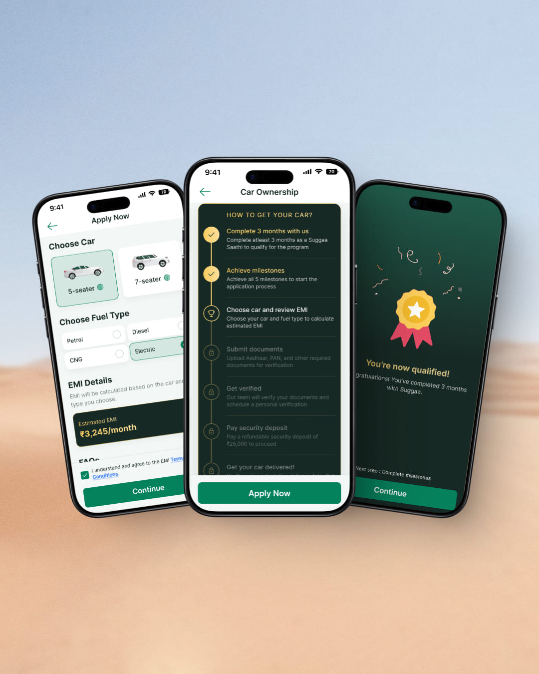 Car ownership journey screens shown on three phones